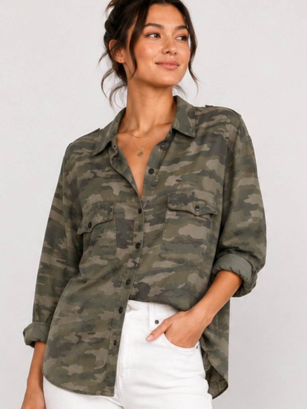 Sanctuary Green Camo Snap Front Shirt
